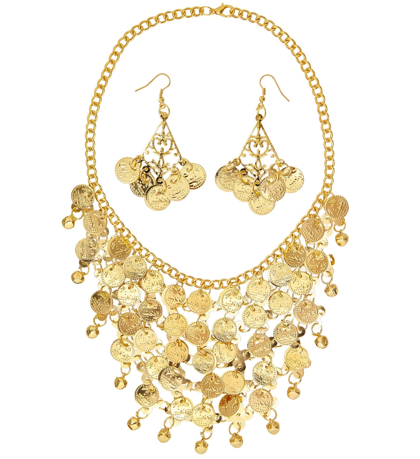 Goldene Ohrringe und Kette mit antiken griechischen Münzen und 24K Finish auf weißem Hintergrund