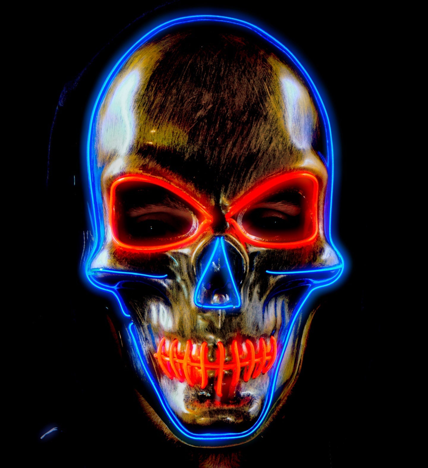 Goldene LED Totenkopfmaske mit metallischem Finish und elastischem Band für Erwachsene und Jugendliche