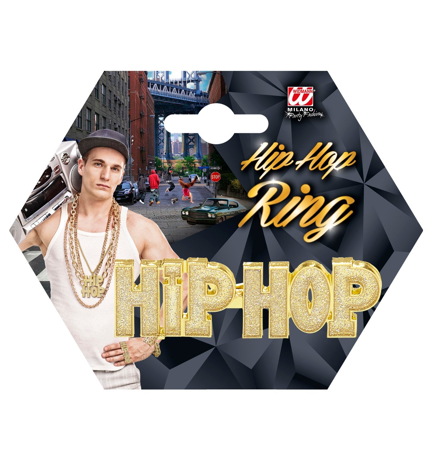 Gold hip hop ring in 18K gold-plated stainless steel with a bold design.