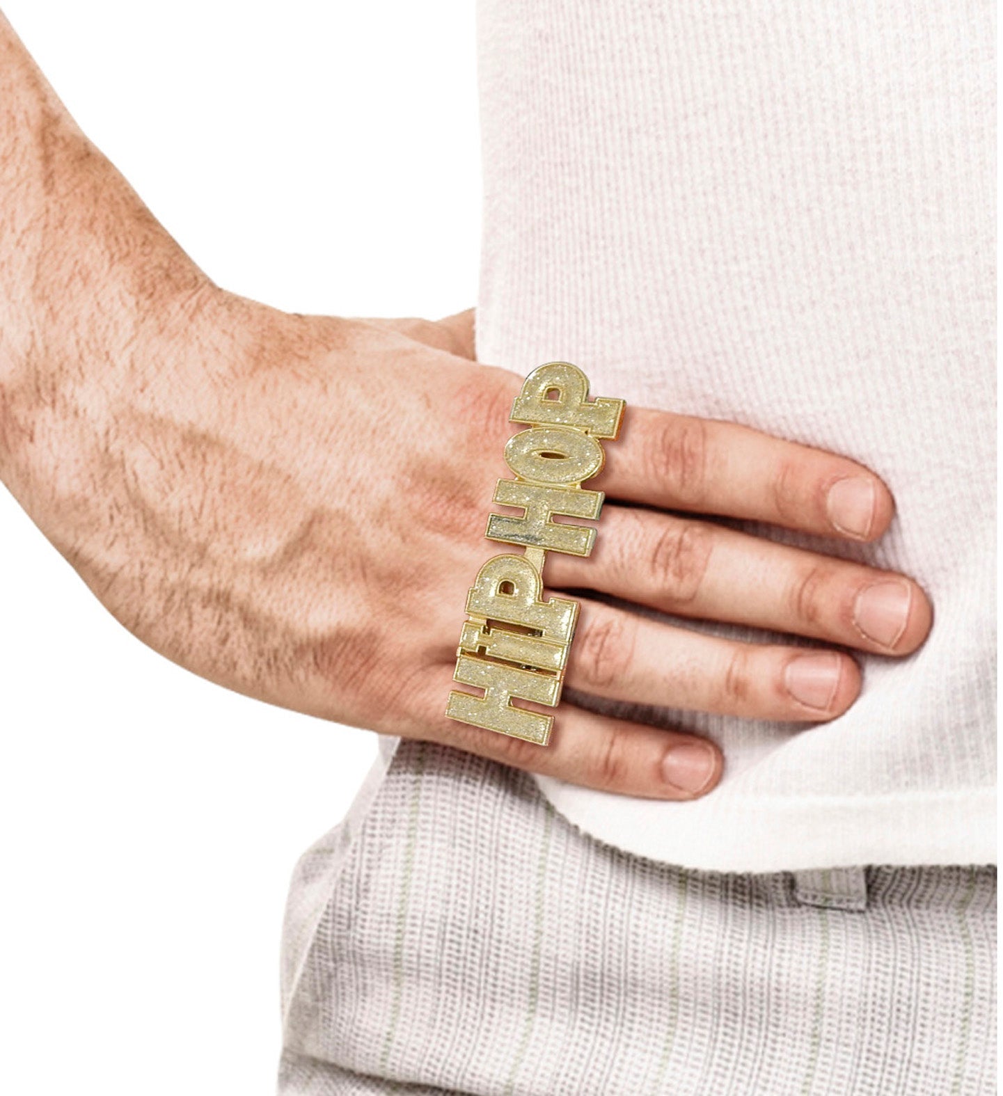 Gold hip hop ring in 18K gold-plated stainless steel on a hand.