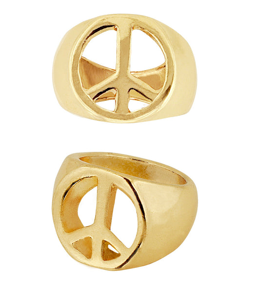 Gold 18K gold-plated peace sign ring in hippie style, shown from multiple angles.