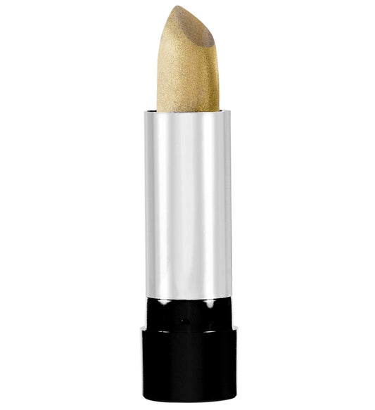 Goldener Lippenstift in goldener Farbe mit silbernem Gehäuse und schwarzer Basis.