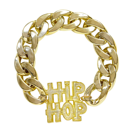 Golden adjustable hip hop bracelet with engraved "HIP HOP" letters on alloy chain.