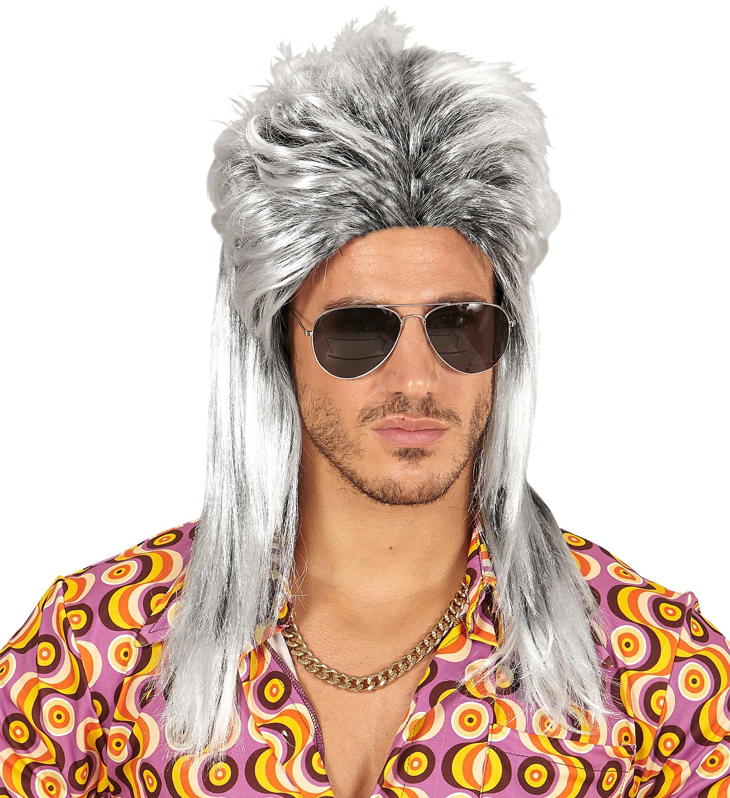 Graue Vokuhila-Perücke aus Kunsthaar mit kurzem Vorderteil und langem Hinterteil im 80er-Stil