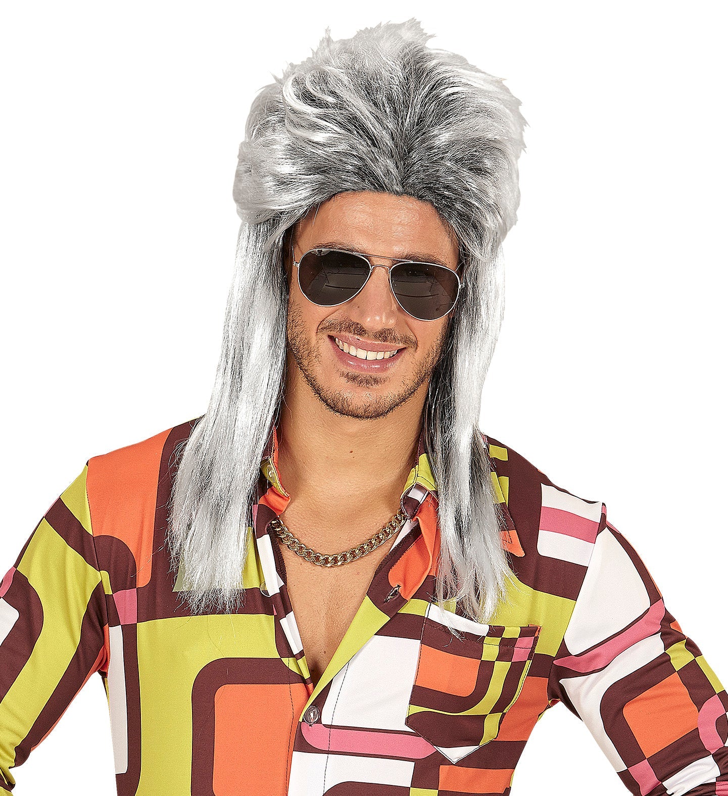 Graue Vokuhila-Perücke aus Kunsthaar im 80er-Jahre-Stil für Herren.