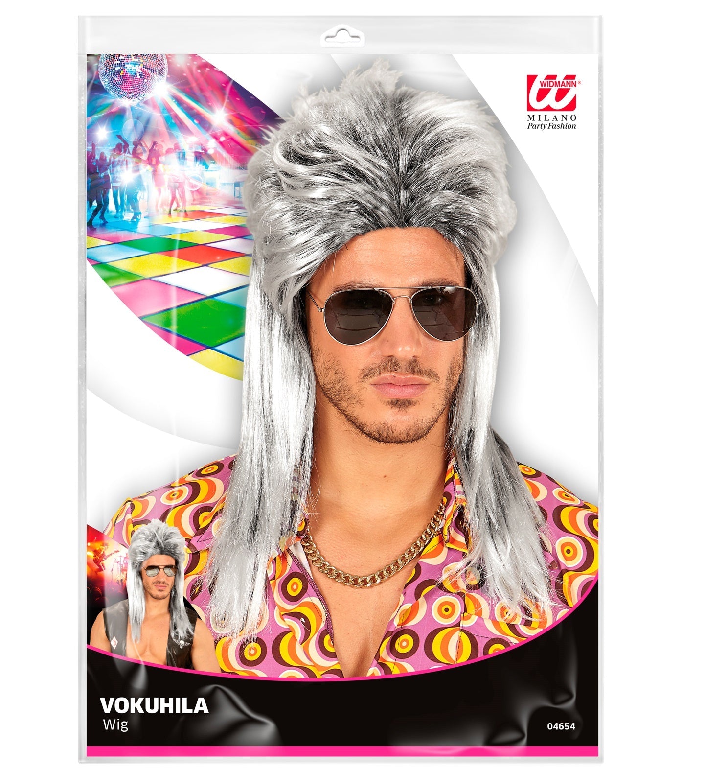 Graue Vokuhila-Perücke aus Kunsthaar mit kurzem Vorder- und langem Hinterkopf im 80er-Stil