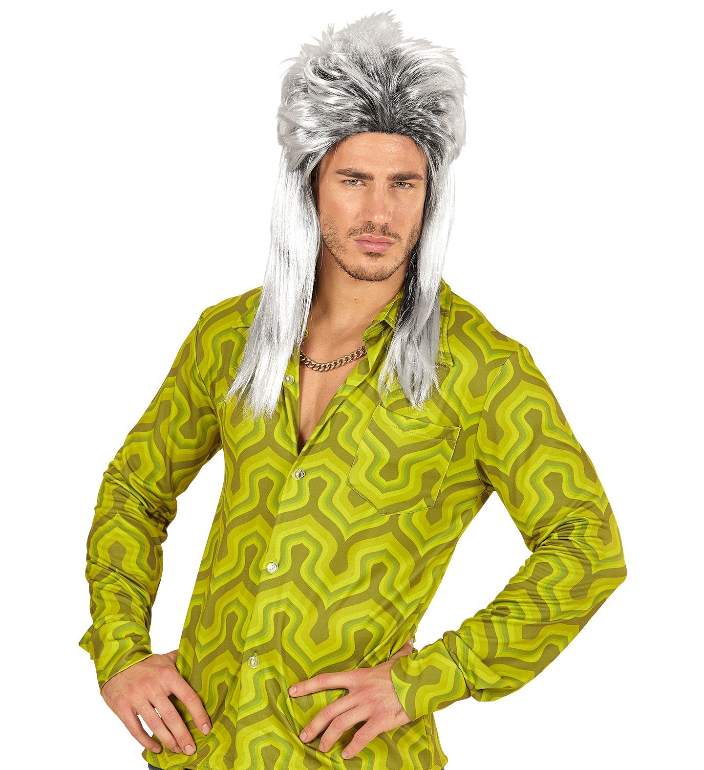 Graue Vokuhila-Perücke aus Kunsthaar im 80er-Jahre-Stil für Herren.