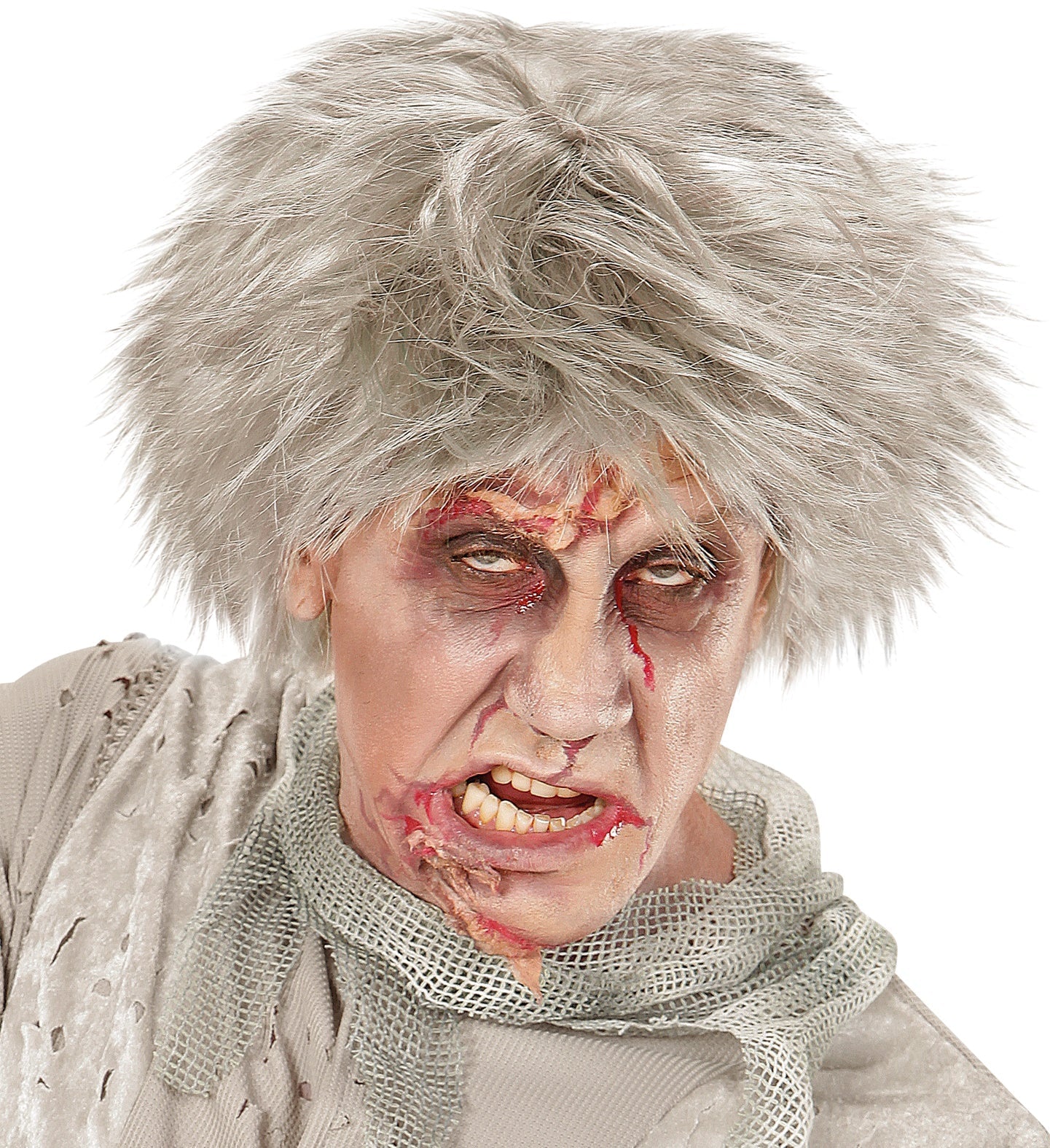 Graue, kurze Zombie-Perücke mit unordentlichem Haar für Erwachsene im Undead-Stil.