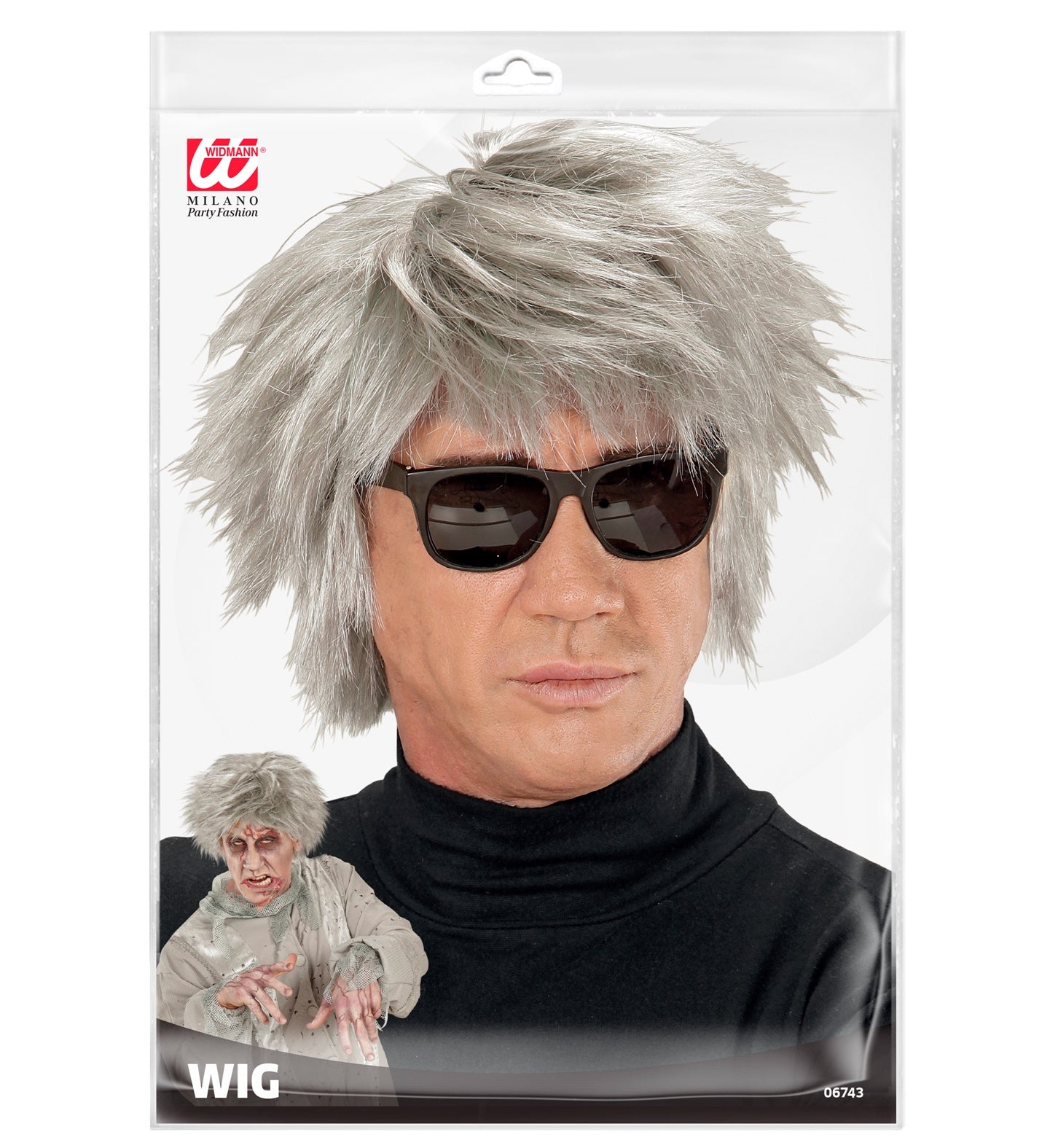 Kurze graue Zombie-Perücke mit zerzausten Haaren für Erwachsene, passend für Kostüme.