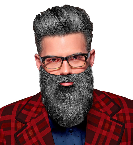 Grauer Vollbart mit elastischem Band, geeignet für Kostüme wie Piraten oder Zauberer.