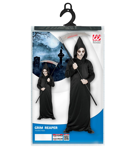 Schwarze Kinder-Robe mit Kapuze als Grim Reaper Kostüm für Jungen und Mädchen, Größe 8-10 Jahre