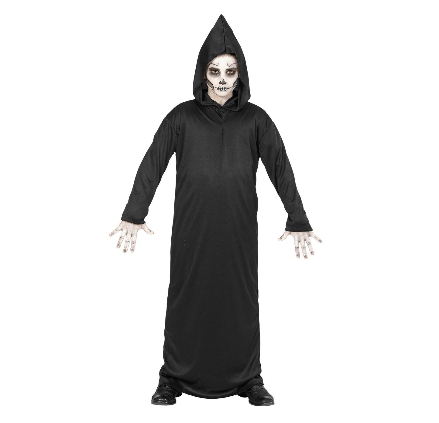 Schwarze Robe mit Kapuze für Kinder, geeignet für Jungen und Mädchen, aus weichem Polyester.