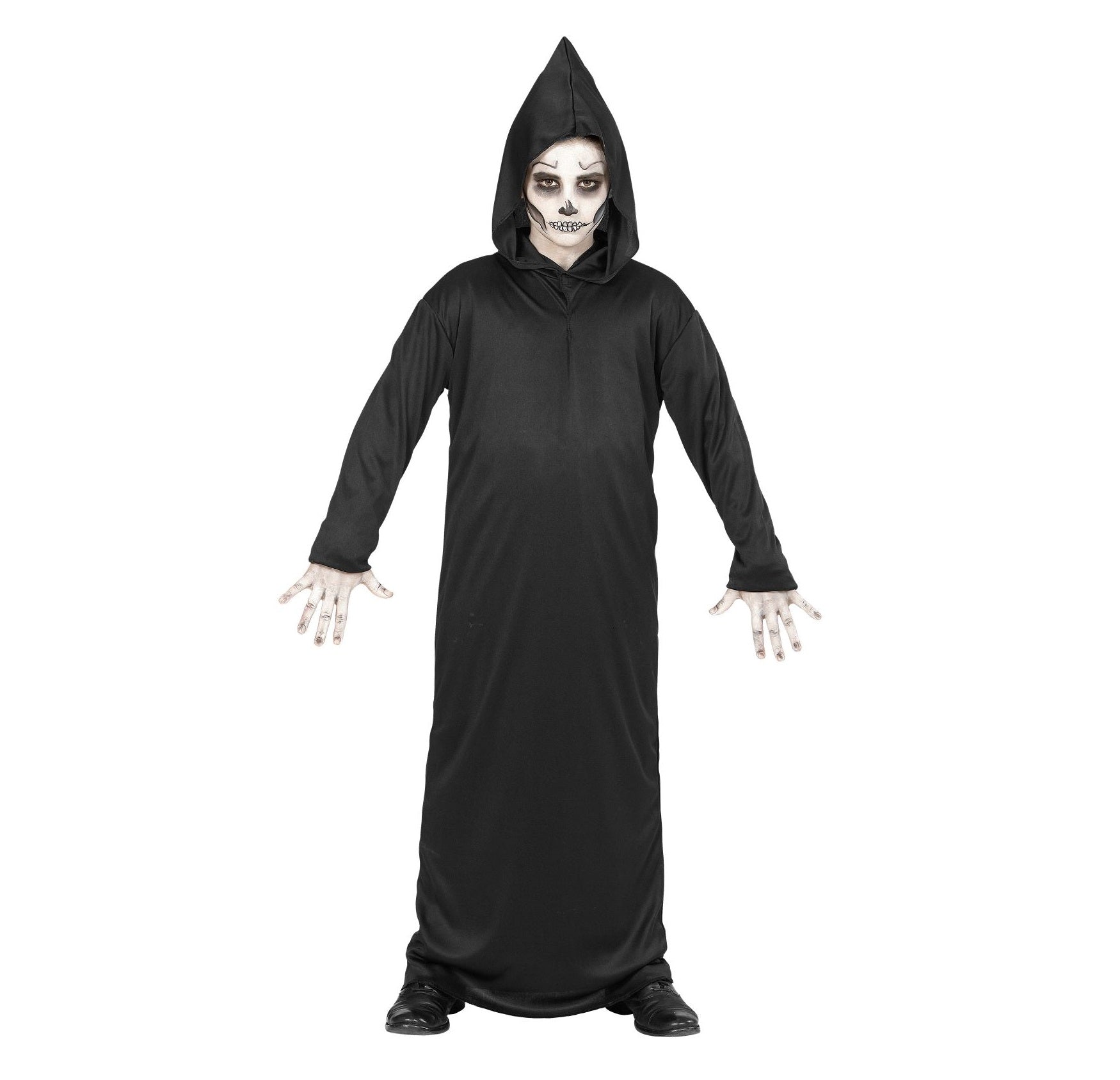 Schwarze Robe mit Kapuze für Kinder, geeignet für Jungen und Mädchen, aus weichem Polyester.