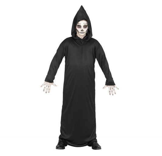 Schwarze Robe mit Kapuze für Kinder, geeignet für Jungen und Mädchen, aus weichem Polyester.