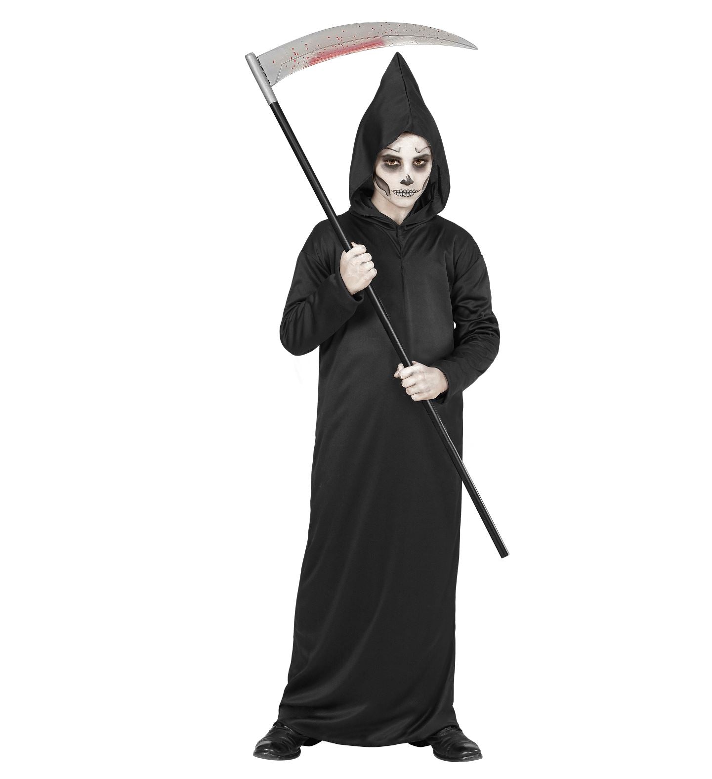 Schwarze Robe mit Kapuze für Kinder, geeignet für Halloween, aus weichem Polyester.