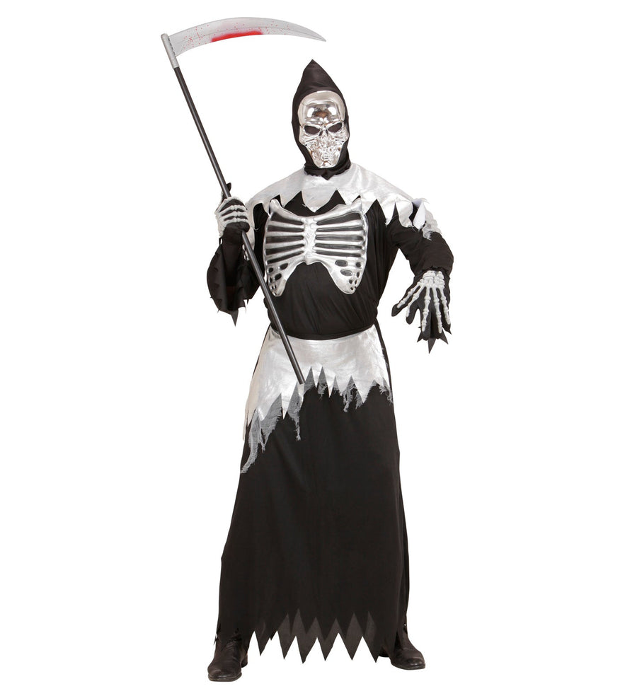 Widmann Grim Reaper Kostüm Herren – Satin Robe Mit Rippenaufdruck & Kapuzenmaske - Fasnacht24.ch – Detailansicht