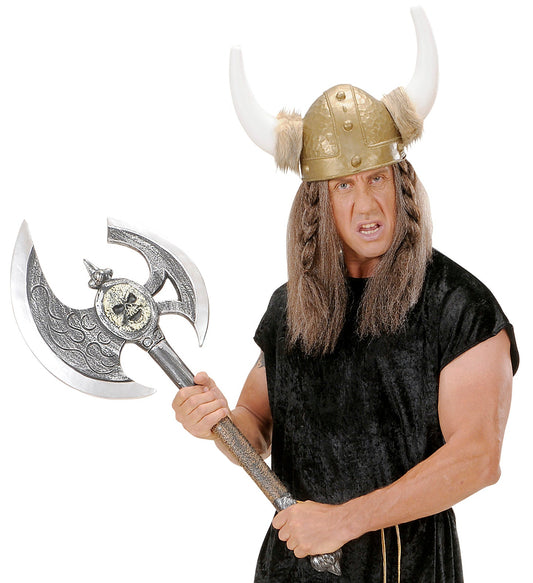 Lightweight 90cm skull axe prop with silver blade and black tunic model.