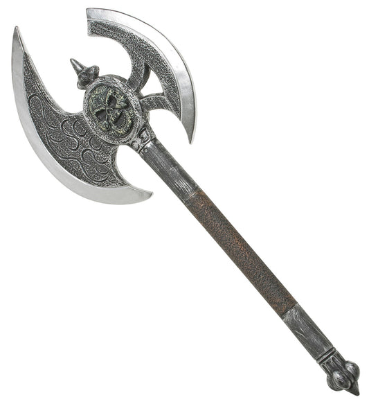 Lightweight 90cm skull axe prop with silver double blade and wooden handle for cosplay.