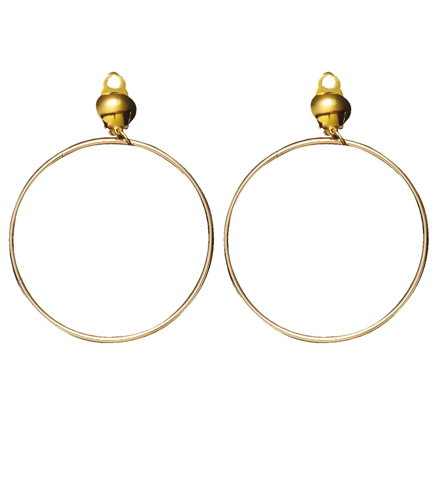 Pair of large round gold hoop earrings with gold bells, 14K gold tone.