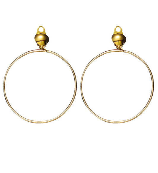 Pair of large round gold hoop earrings with gold bells, 14K gold tone.