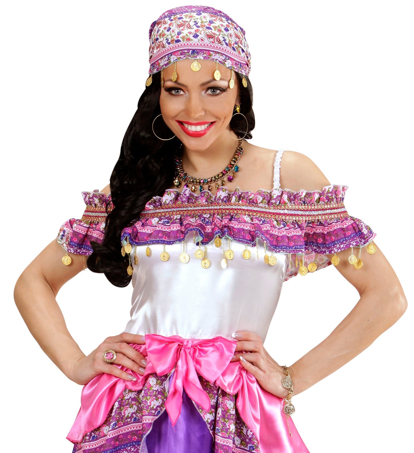 Large round gold hoop earrings in 14K gold tone, lightweight with 45 mm diameter.