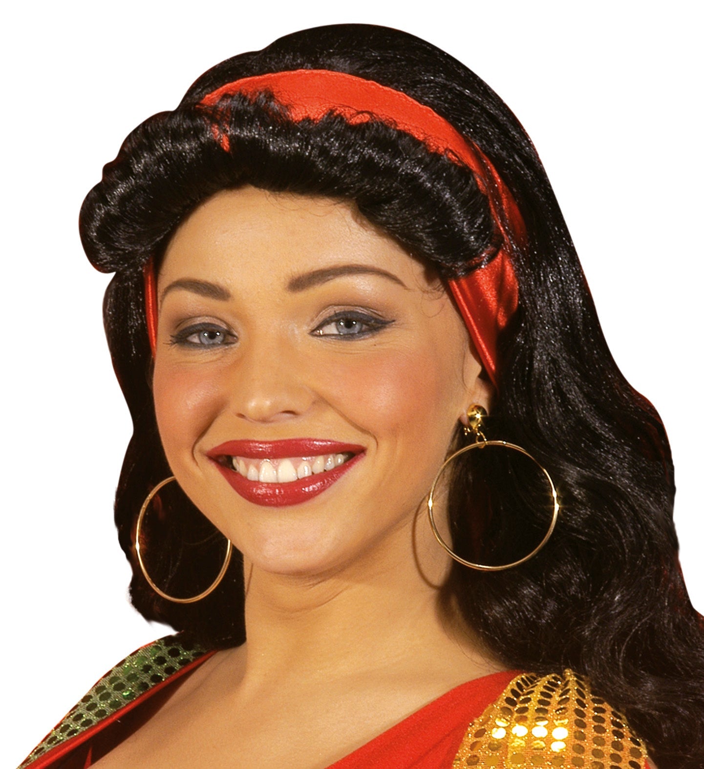 Large round gold hoop earrings in 14K gold tone, lightweight with 45 mm diameter.