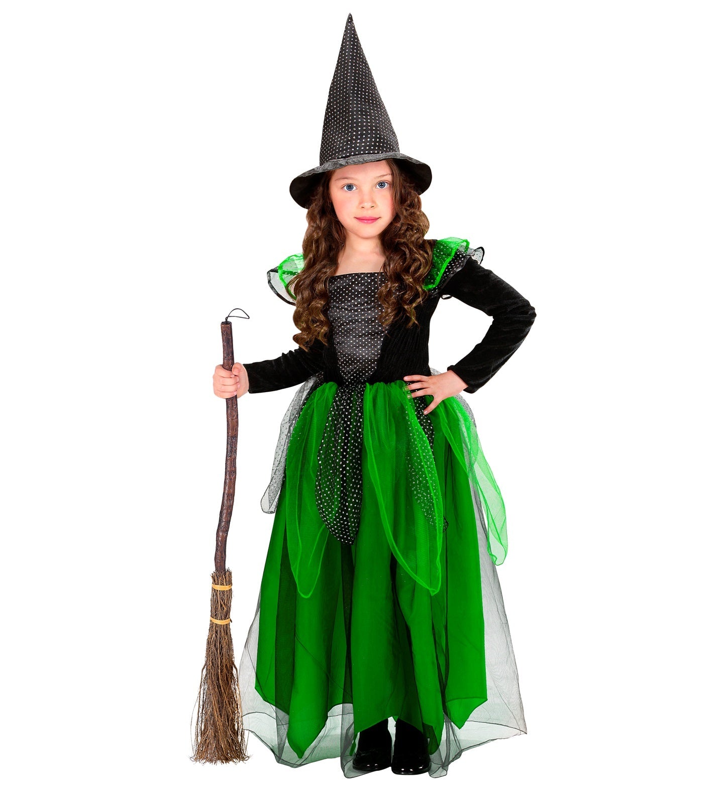 Grünes Hexen-Kinderkostüm mit leuchtendem Kleid und spitzem Hut für Mädchen.