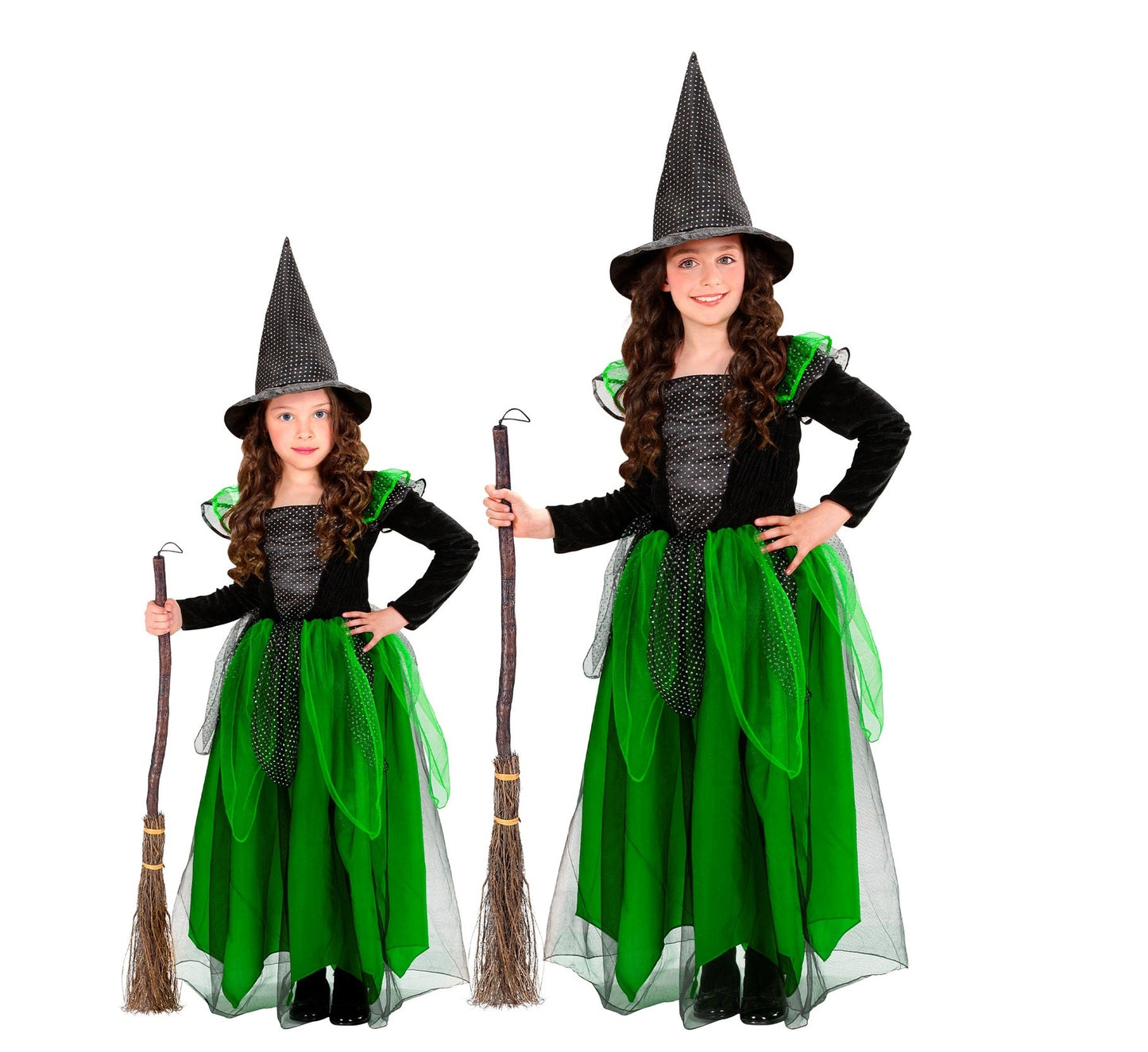 Grünes Hexenkleid mit spitzem Hut für Mädchen, aus atmungsaktivem Material gefertigt.