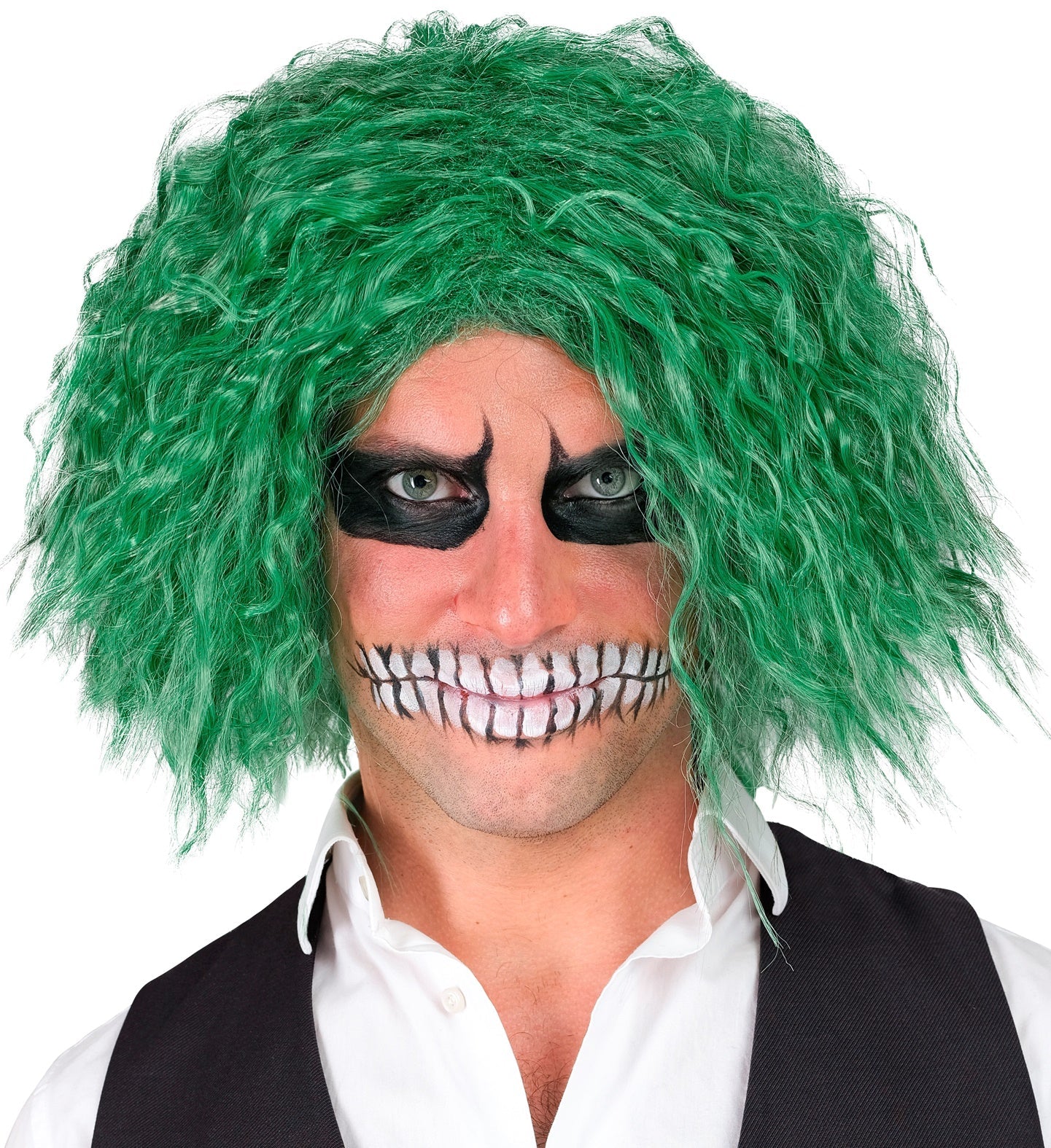 Neon-grüne Herren-Clownperücke mit glänzenden synthetischen Haaren für Horror-Kostüme.