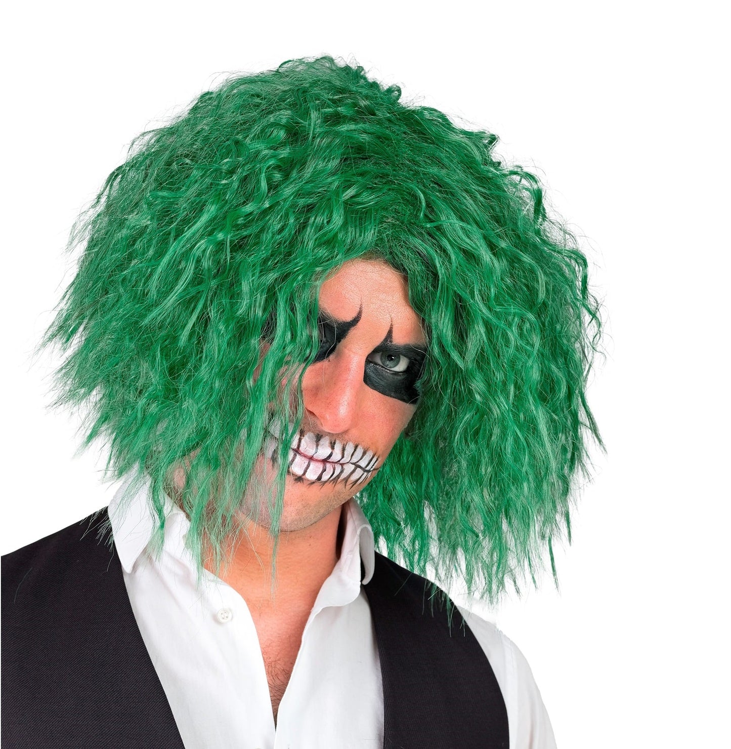 Neon grüne Horrorclown Perücke mit glänzenden synthetischen Strähnen für Männer.