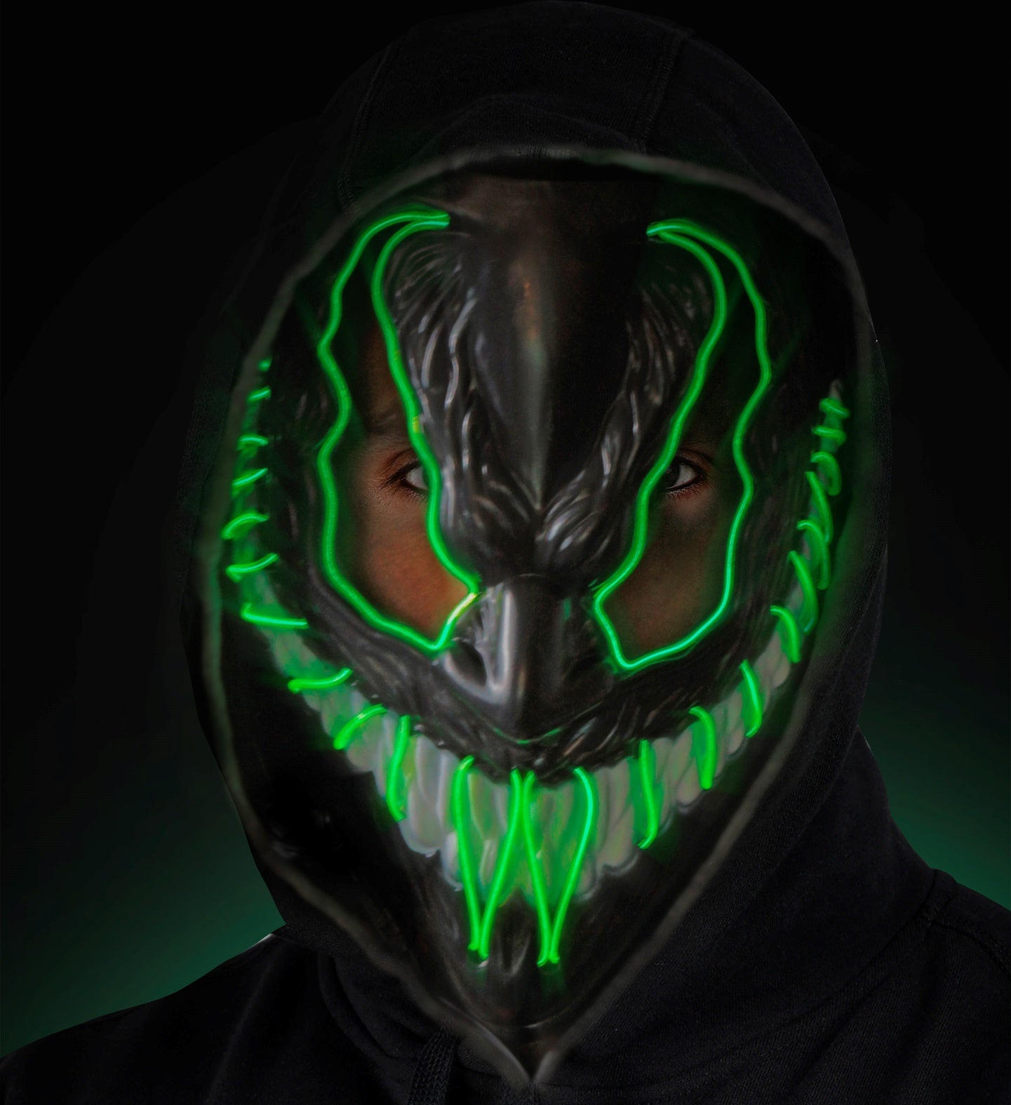Grüne LED-Monstermaske aus flexiblem PVC mit leuchtenden Augen und Knopfsteuerung