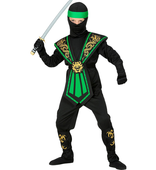 Child in green ninja costume with sword, mask, headband, and gold dragon accents.