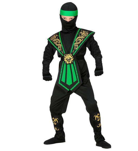 Child in green ninja costume with black mask, gold dragon accents, and armor.