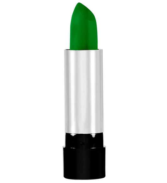 Grüner Lippenstift mit silbernem Gehäuse und veganer Formel, 6 ml.