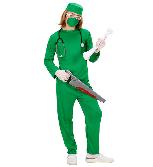 Grünes Chirurgen Kostüm für Kinder mit Oberteil, Hose, Kappe und Mundschutz.