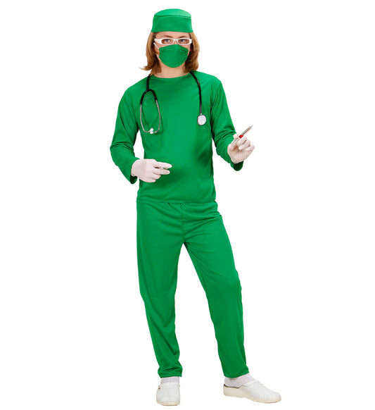 Grünes Kinder-Chirurgenkostüm mit Oberteil, Hose, Kappe und Mundschutz für Jungen und Mädchen