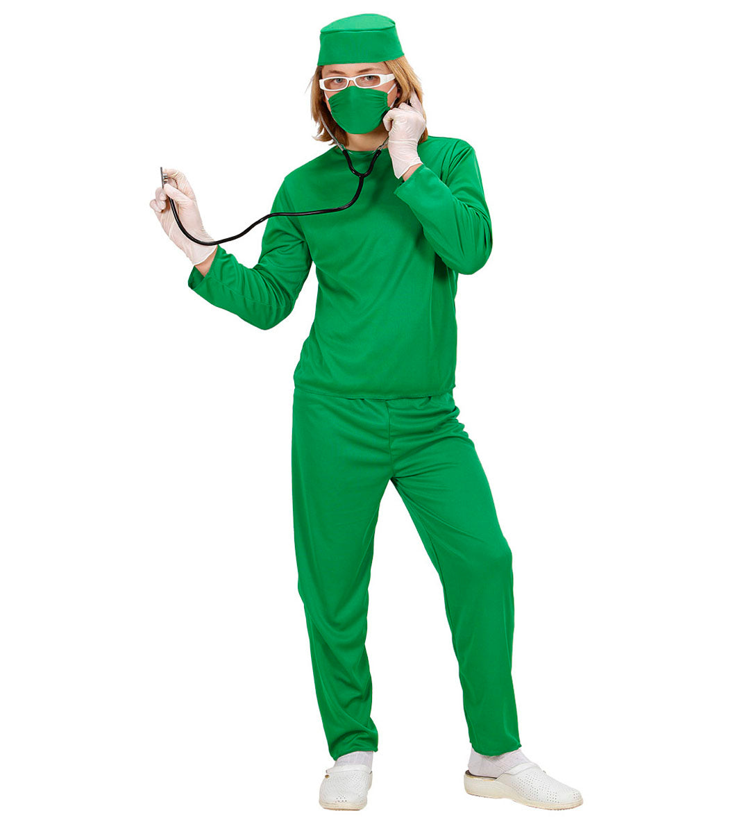 Grünes Chirurgenkostüm für Kinder mit Oberteil, Hose, Kappe und Mundschutz.