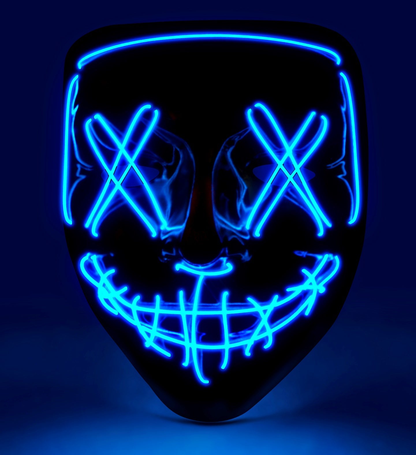 Blaue LED beleuchtete X-Maske mit elastischen Trägern für Halloween-Kostüme.