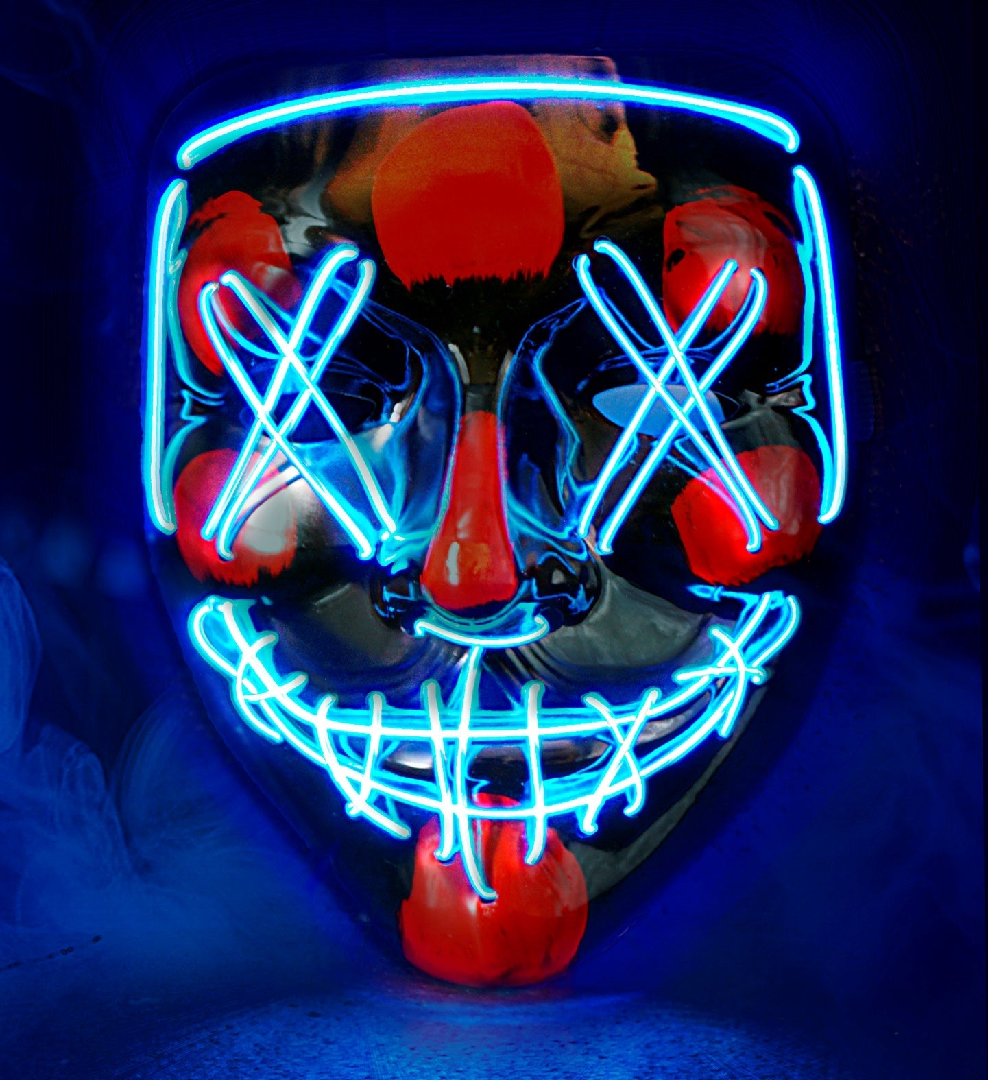 Blaue LED X-Maske mit leuchtendem Muster, leicht und flexibel für Halloween-Kostüme.