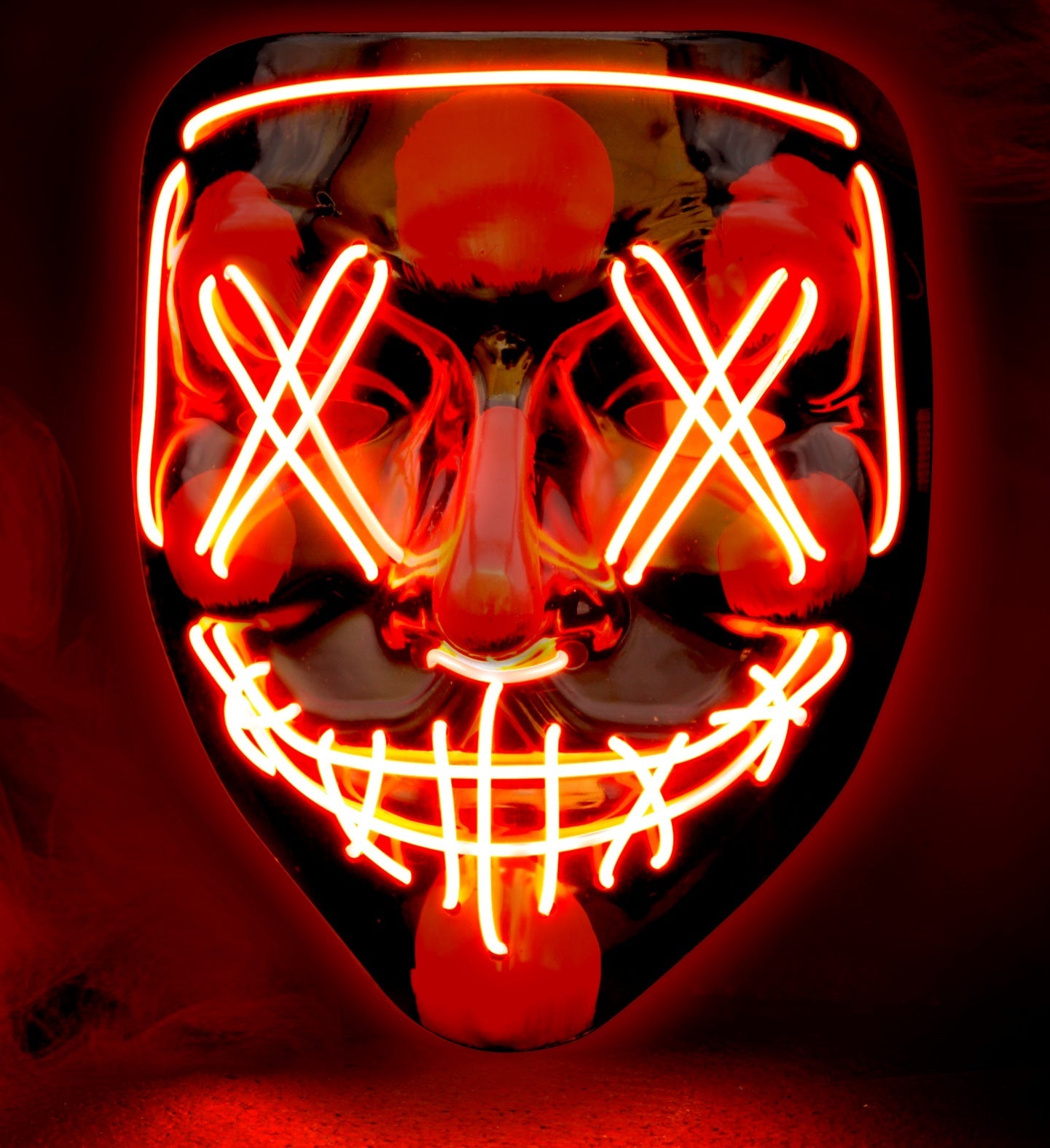 Rote LED-Maske mit X-Ausschnitten, aus flexiblem PVC für Halloween.