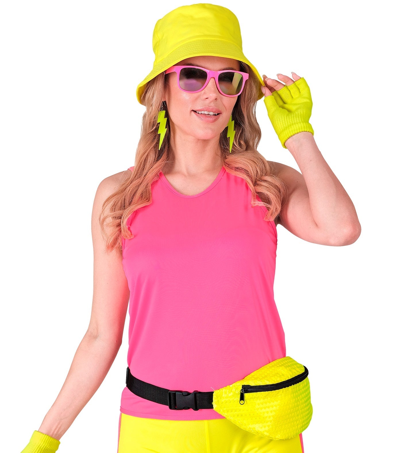 Neon gelbe Gürteltasche mit glitzernden Pailletten und verstellbarem Gurt im 80er-Jahre-Stil