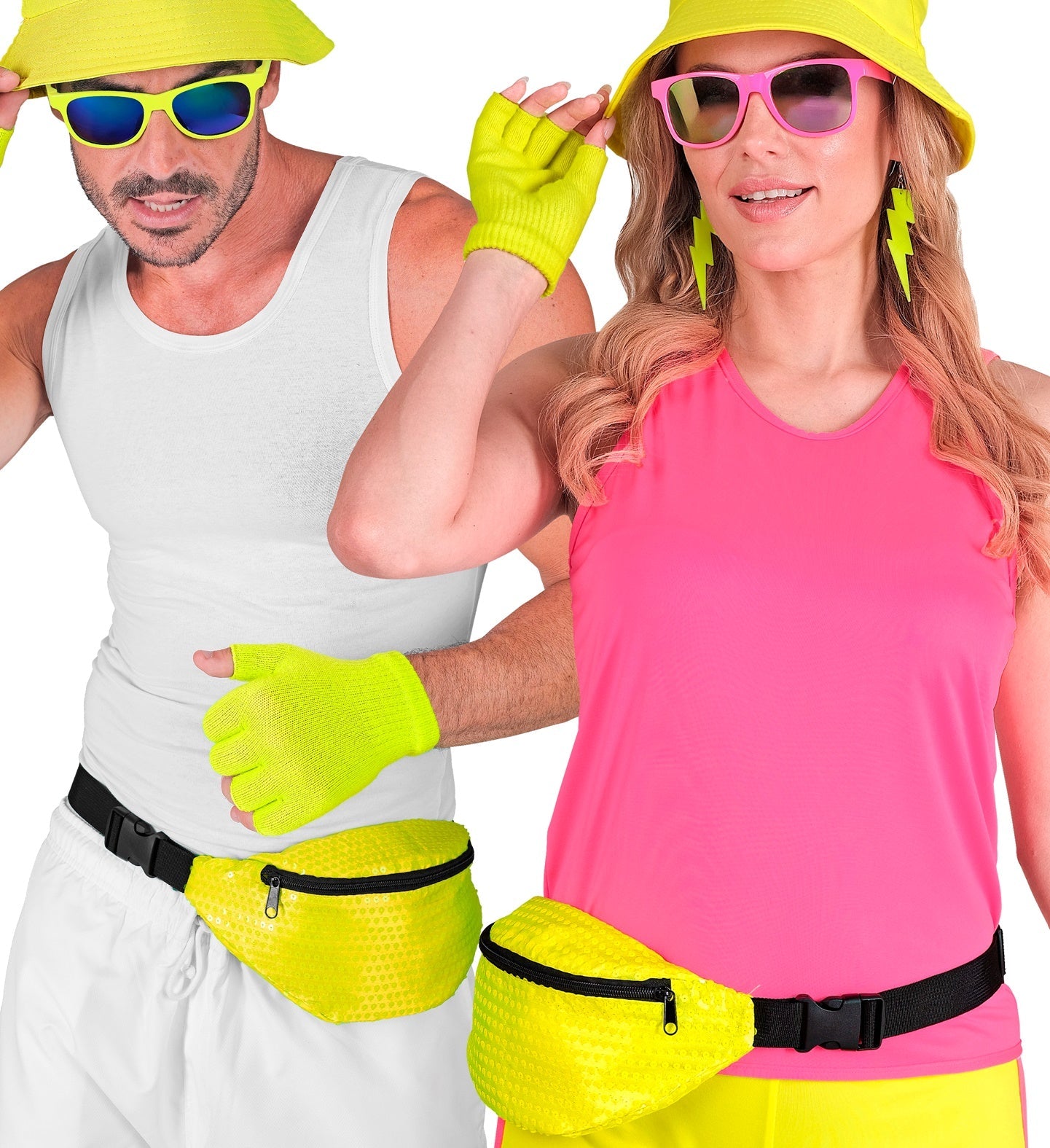 Neon gelbe Gürteltasche mit glitzernden Pailletten und verstellbarem Gurt.