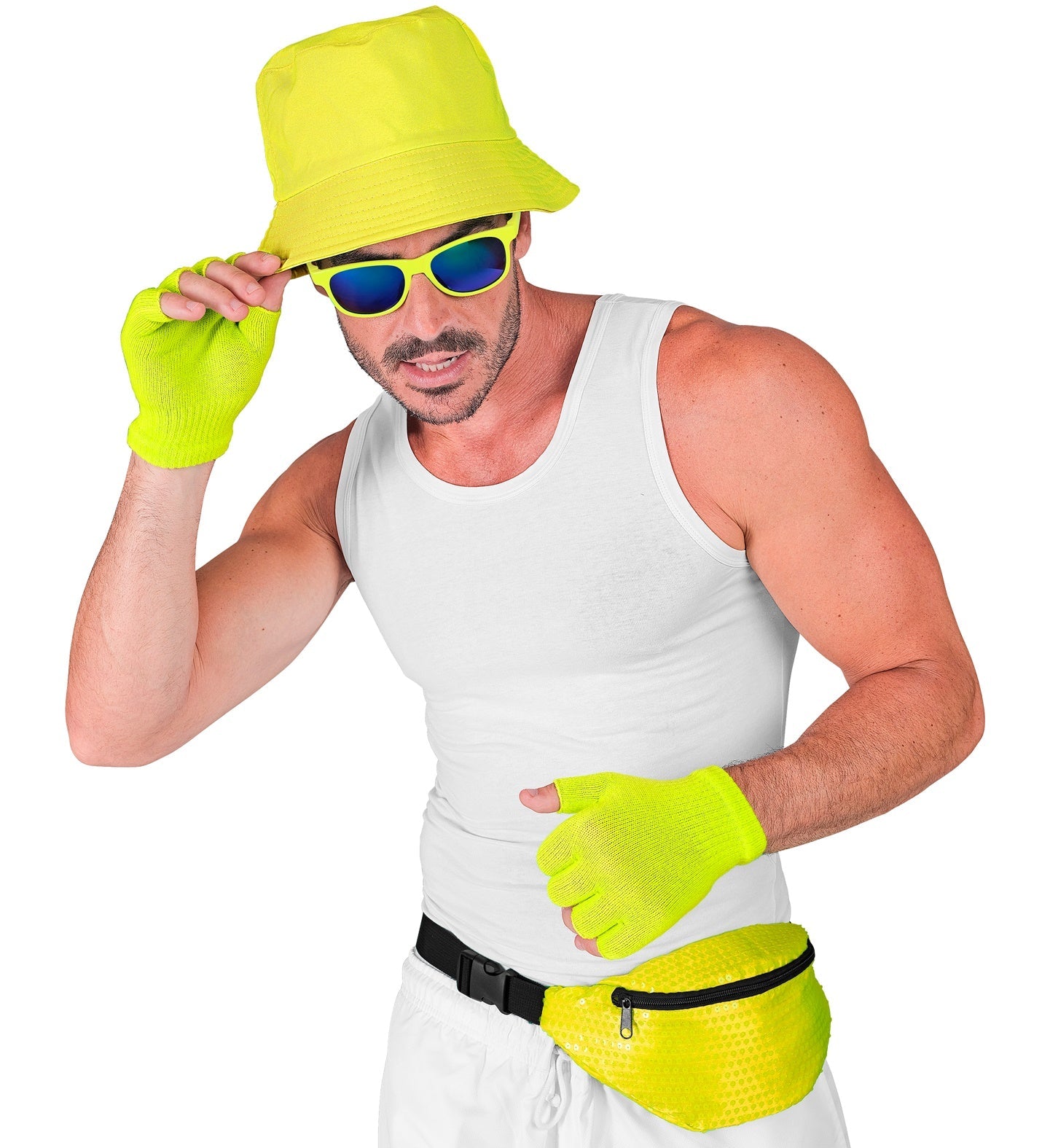 Neon gelbe Gürteltasche mit glitzernden Pailletten und verstellbarem Gurt.