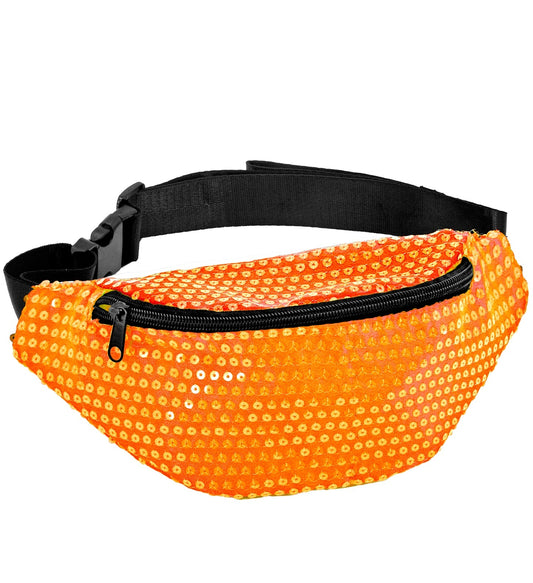 Neonorange Gürteltasche mit Pailletten und verstellbarem Gürtel, ideal für Festivals.