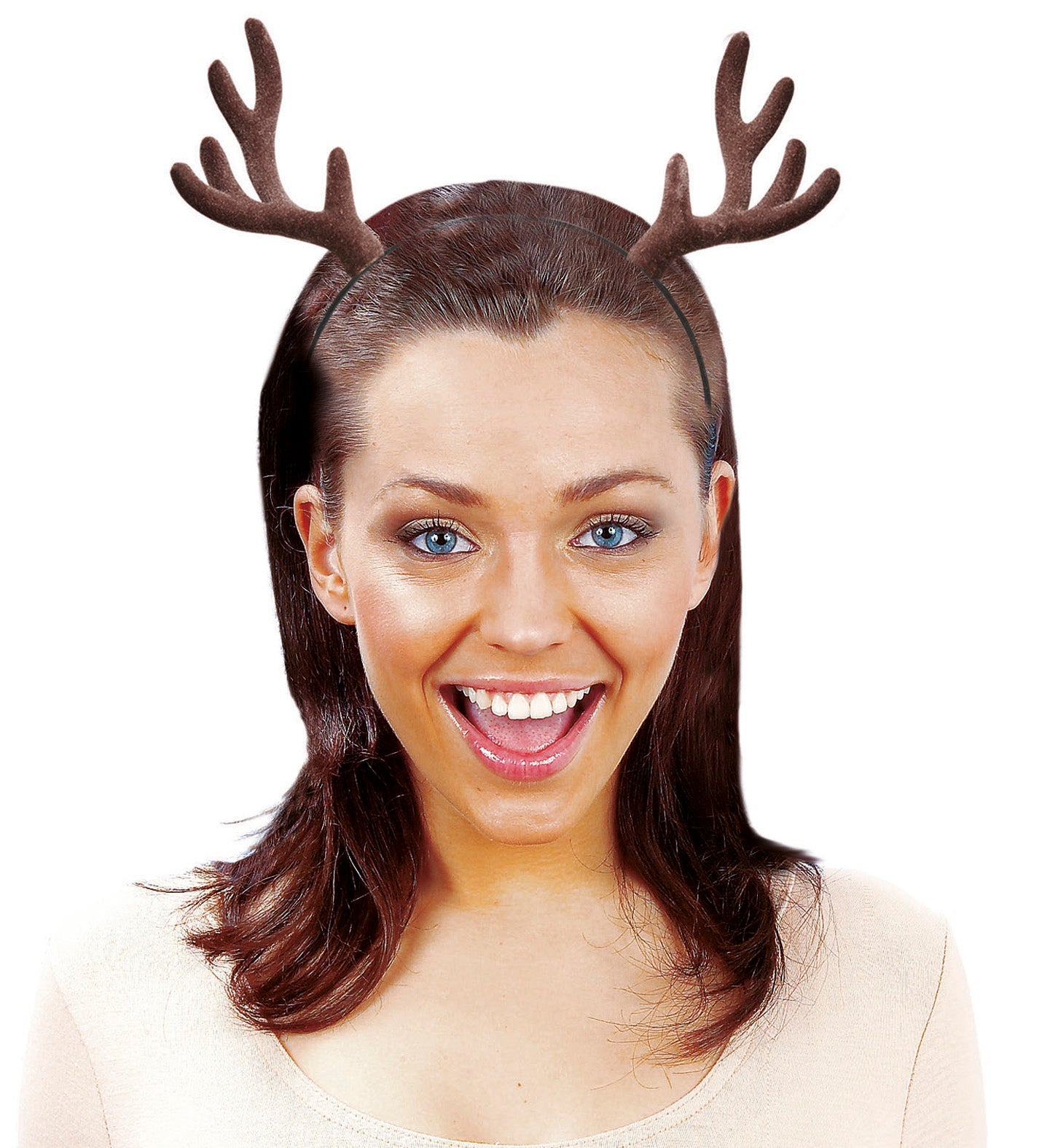 Beflockter Haarreif mit Rentiergeweih in Samt-Finish, ideal für festliche Anlässe.