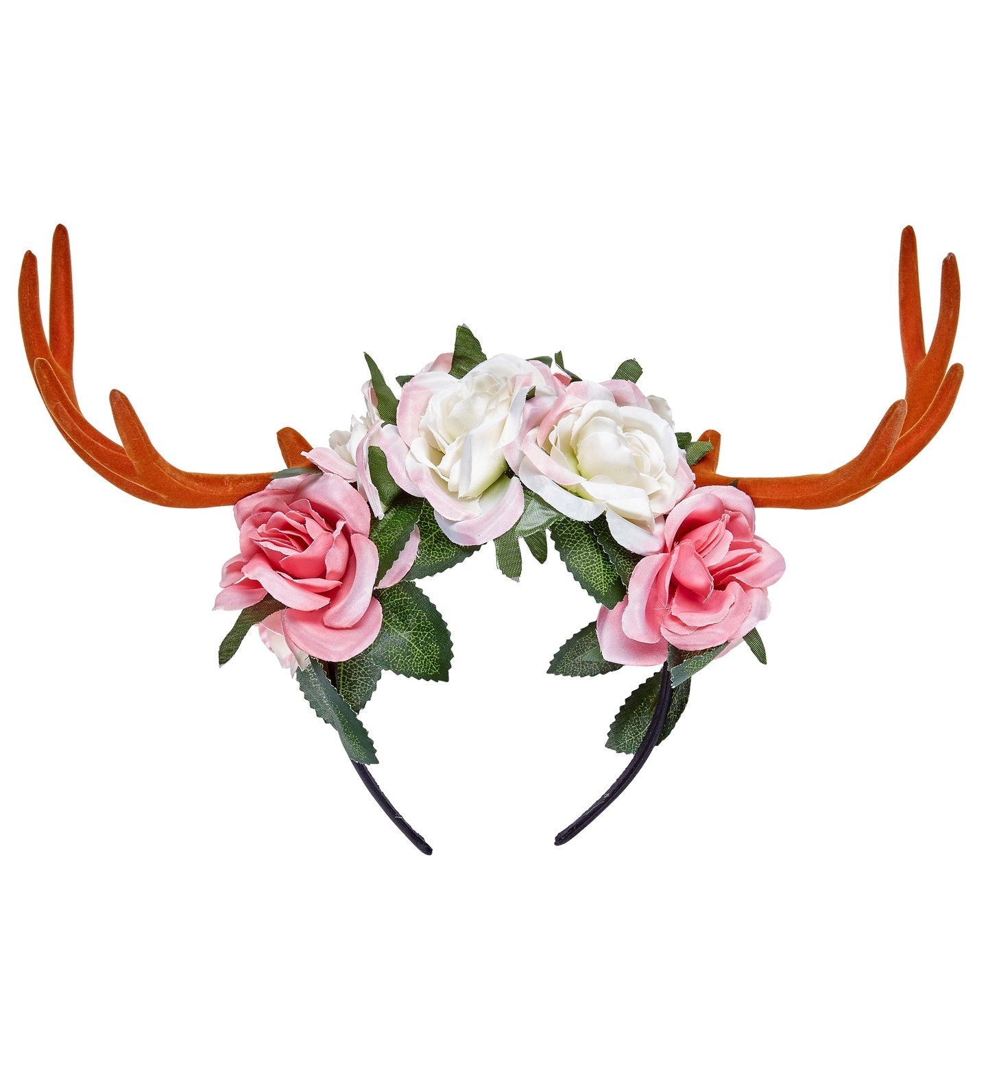 Weihnachtlicher Haarreif mit leichten Hirschgeweihen und samtigen Blumen in Rot und Grün.