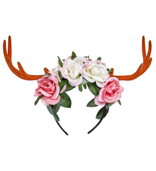 Weihnachtlicher Haarreif mit leichten Hirschgeweihen und samtigen Blumen in Rot und Grün.