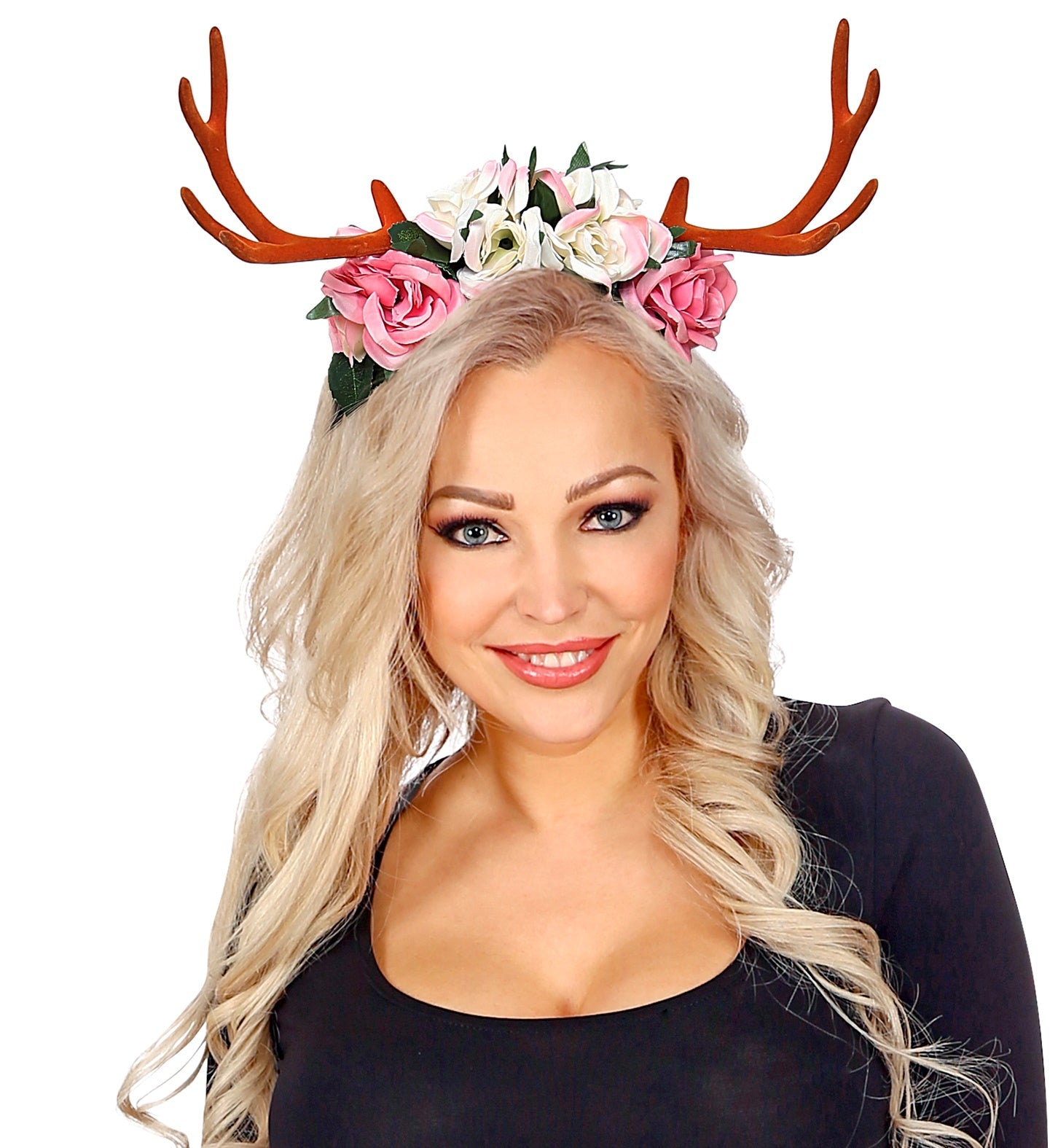 Weihnachtliches Geweih-Haarband mit samtigen Blumen in Braun und Grün für festliche Anlässe