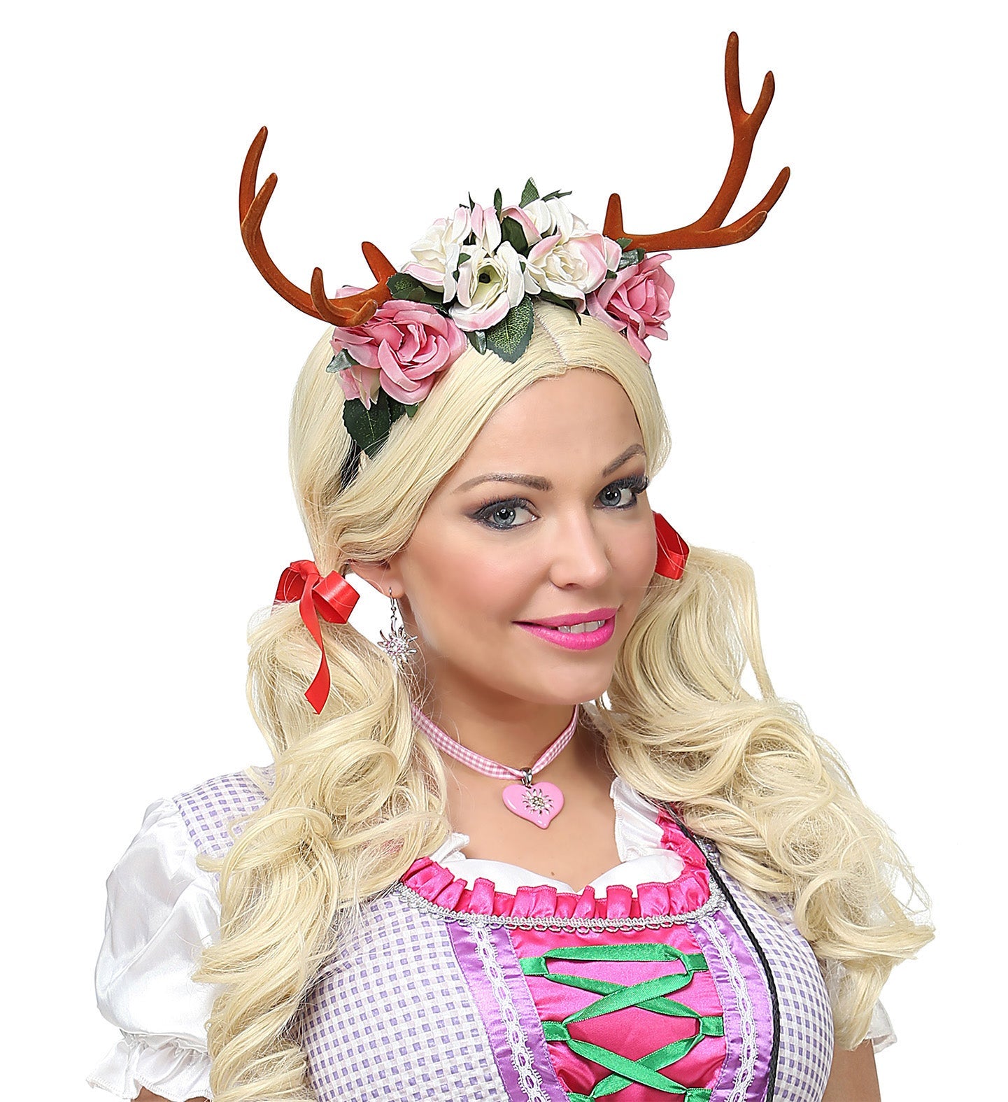 Weihnachtliche Haarband mit Geweihen und samtigen Blumen in festlichen Farben.