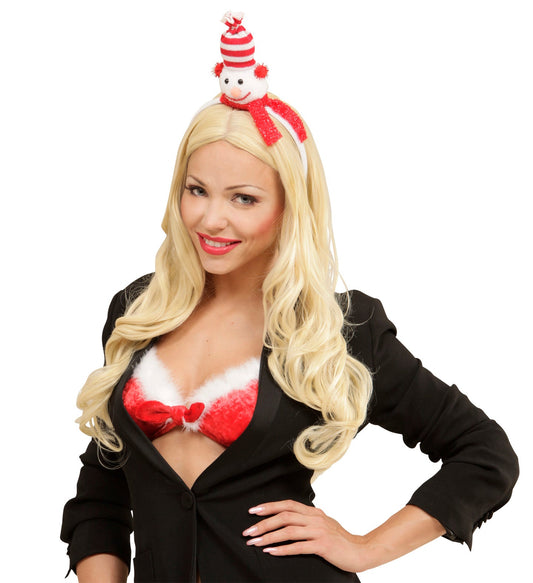 Haarreif mit weißem Schneemann, roter Mütze und grün-rotem Schal, winterlicher Kopfschmuck